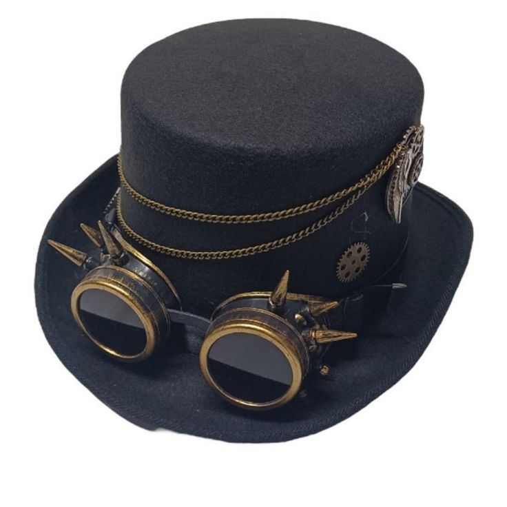 Get inventive with your next cosplay outfit with our Steampunk Inventor Top Hat, a masterpiece of industrial elegance and daring innovation. This striking top hat features a timeless black canvas adorned with intricate brown, brass, and copper details. Adorned with chains that speak of adventure and exploration, gears that whisper tales of invention and progress, and goggles with spikes that evoke a sense of daring defiance, this hat is more than just an accessory; it's a statement. Whether you' Steampunk Costume Accessories For Cosplay Events, Inventor Goggles, Steampunk High Crown Hat For Themed Events, Steampunk High Crown Mini Hat For Themed Events, Steampunk Brimmed Costume Hat For Cosplay, Steampunk High Crown Costume Accessories For Cosplay, Gothic Black Costume Hats And Headpieces For Themed Events, Gothic Black Hats And Headpieces For Themed Events, Black Top Hat For Costume