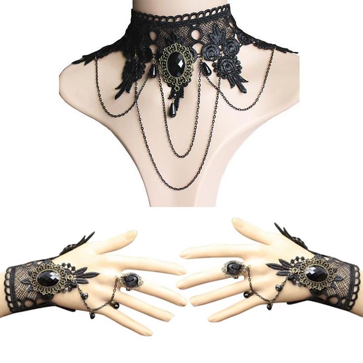 Embrace dark elegance with the Gothic Lace Bracelet Ring & Choker Jewelry Set. The highlight of this set is the stunning lace bracelet, adorned with intricate black lace and a vintage-inspired black gemstone centerpiece. The bracelet comes with a delicate black rose ring attached by a draping chain, adding a bewitching flair to your wrist. Wear it alone for a subtle statement or as a matching pair for an unforgettable look. Complete your gothic ensemble with the exquisite choker, featuring match Black Rose Ring, Gothic Lace, Dark Elegance, Lace Bracelet, Choker Jewelry, Wrist Wear, Bracelets Set, Rose Ring, Bracelet Ring