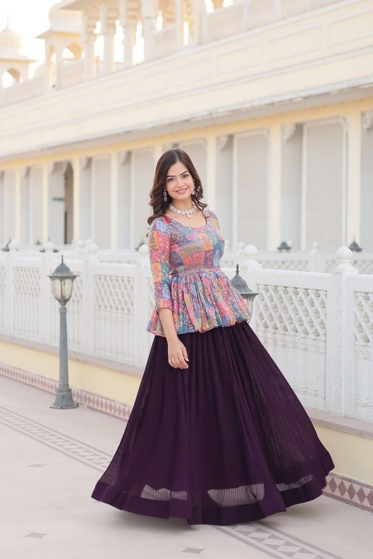 New arrival stitched lehenga choli for women, designer lehenga with stitched blouse, wedding lehenga with crush pleating, lehenga for prom  Lehenha details:- Color : Dark Purple   Fabric & Work:-  Faux Blooming With Crush Pleating  Length :- 42''  Waist  :- 42''  Stitching Type :-  Standard Stitching With Crush Pleating  Inner:- Cotton Silk  Flair  :- 4 Mtr  Closure :- Chain Attached & With Potli-Latkan  Blouse:- (Full-stitched)  Fabric & work :- Faux Georgette With rich Flower Print with  Embro Long Frock Designs For Women, Frock Designs For Women, Sequins Lehenga Choli, Sequin Lehenga, Lehenga Choli Designs, Lehenga Choli For Women, Simple Frock Design, Choli For Women, Long Frock Designs