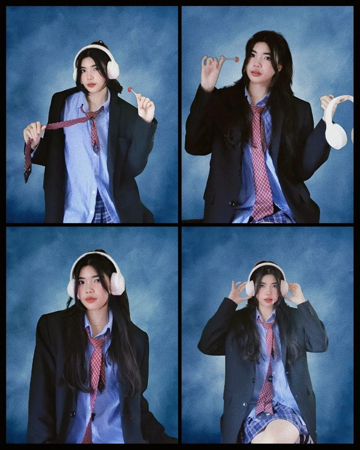 four pictures of a woman wearing headphones and holding her hands up to her ears