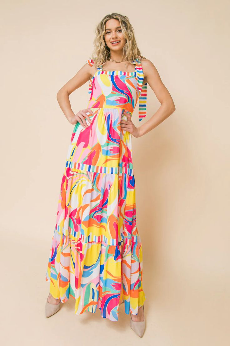 TEA PARTY WOVEN MAXI DRESS l FLYING TOMATO | Flying Tomato 70s Fashion Dresses, Skirt Details, Tie Dye Maxi, Straight Neckline, Style Statement, The Tea, Sleeveless Maxi Dress, Tiered Skirt, Printed Maxi