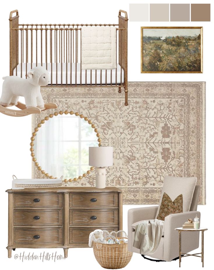 a baby's nursery room with neutrals and whites, including a crib