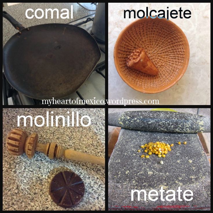 four pictures showing different types of cooking utensils, including an iron skillet and corn kernels