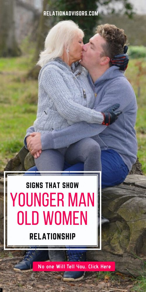 a man and woman sitting on top of a tree stump with the words, signs that show younger man old women relationship