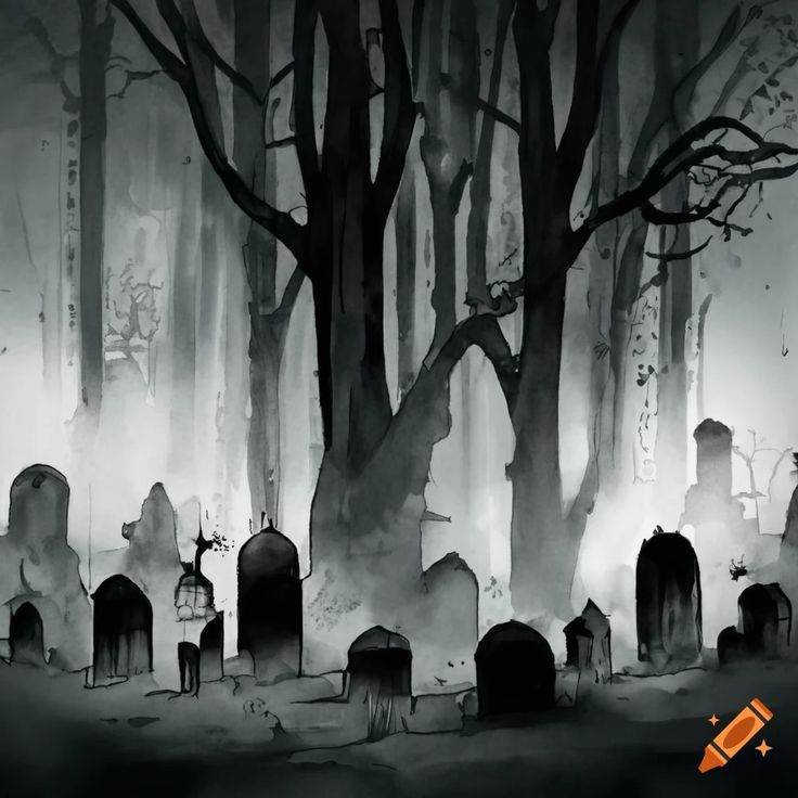 a creepy graveyard with tombstones and trees