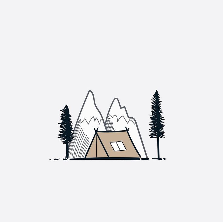 a tent in the woods with mountains and trees around it on a light blue background