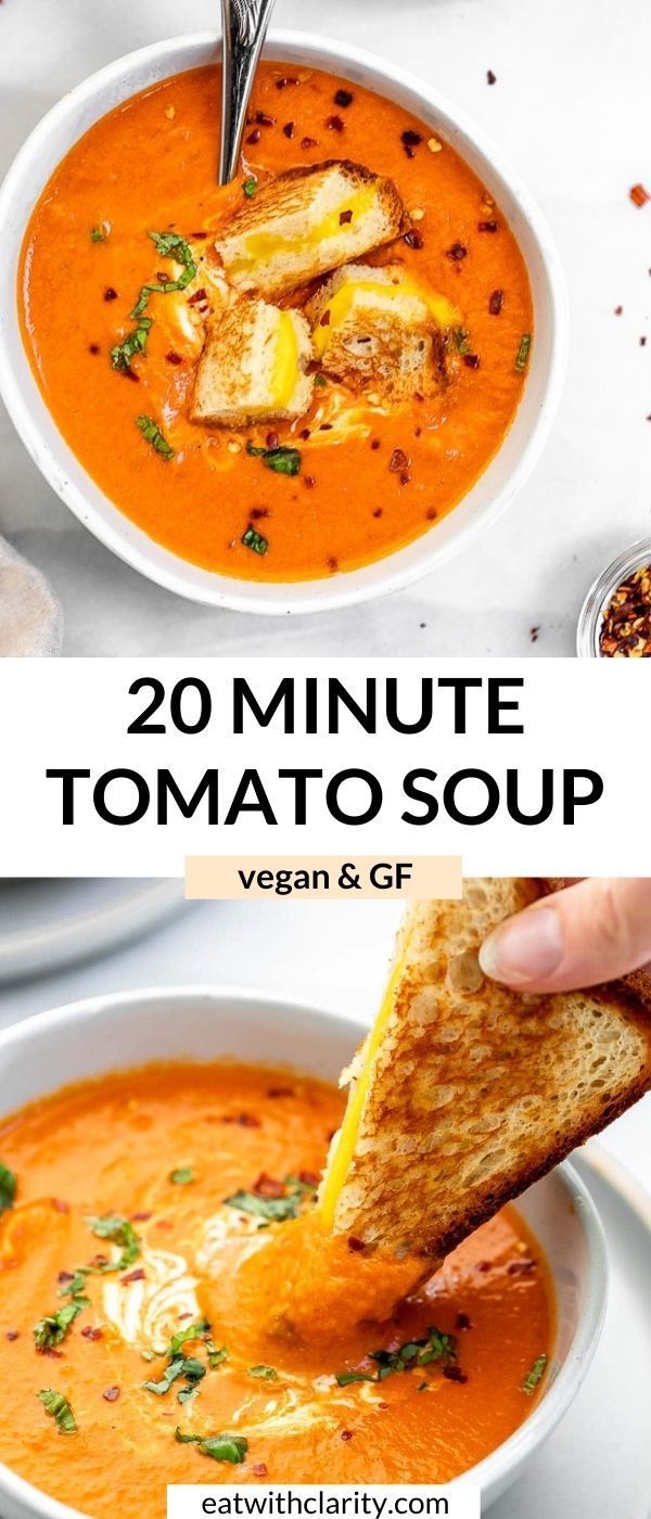 two bowls of tomato soup with grilled bread on the side and text overlay reading 20 minute tomato soup vegan & gf