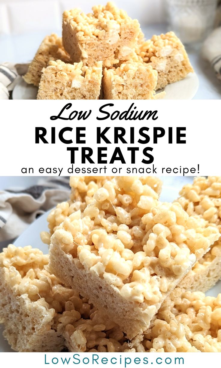 rice krispie treats stacked on top of each other with text overlay that reads low sugar rice krispies treats an easy dessert or snack recipe