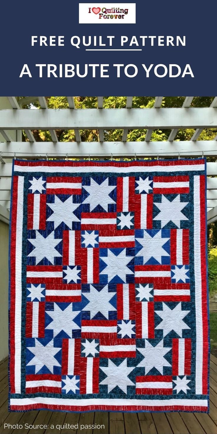 an american flag quilt on a porch with the text free quilt pattern a tribute to yoda