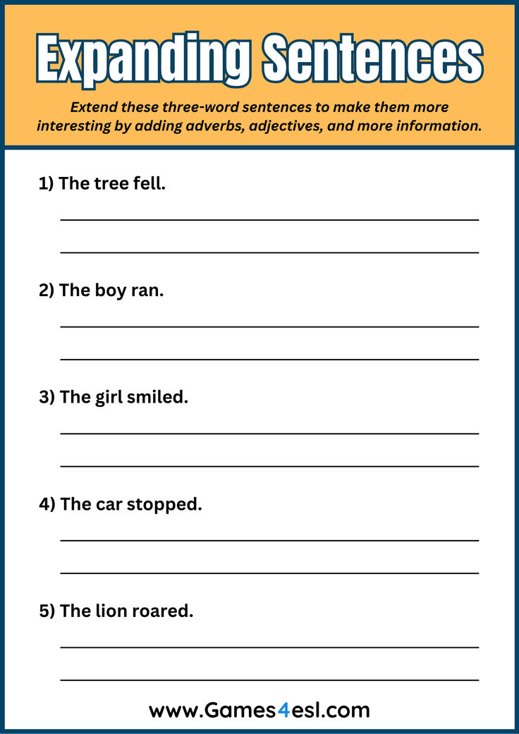 A writing worksheet to practice expanding sentences. Expand Sentences Worksheet, Expanding Sentences Worksheet, Writing Better Sentences, Writing Sentences Worksheets 3rd Grade, Goal Questions, Printable Writing Worksheets, Writing Complex Sentences, Regulation Activities, Writing Sentences Worksheets