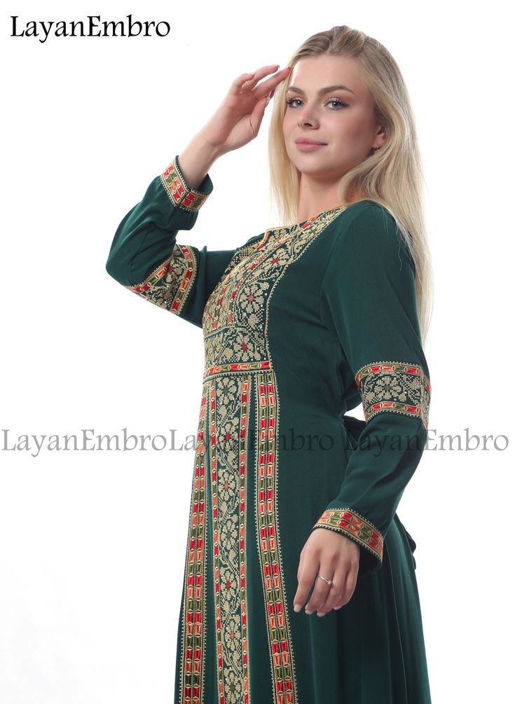 Traditional Eid Dresses With Embroidered Sleeves, Anarkali Style Embroidered Tunic Kaftan, Traditional Dresses With Embroidered Sleeves For Eid, Eid Dresses With Embroidered Sleeves And Traditional Drape, Anarkali Embroidered Dress For Eid With Embroidered Border, Traditional Drape Dresses With Embroidered Sleeves For Eid, Traditional Green Abaya With Dabka Work, Traditional Maxi Abaya With Dabka Work, Traditional Maxi Length Abaya With Dabka Work