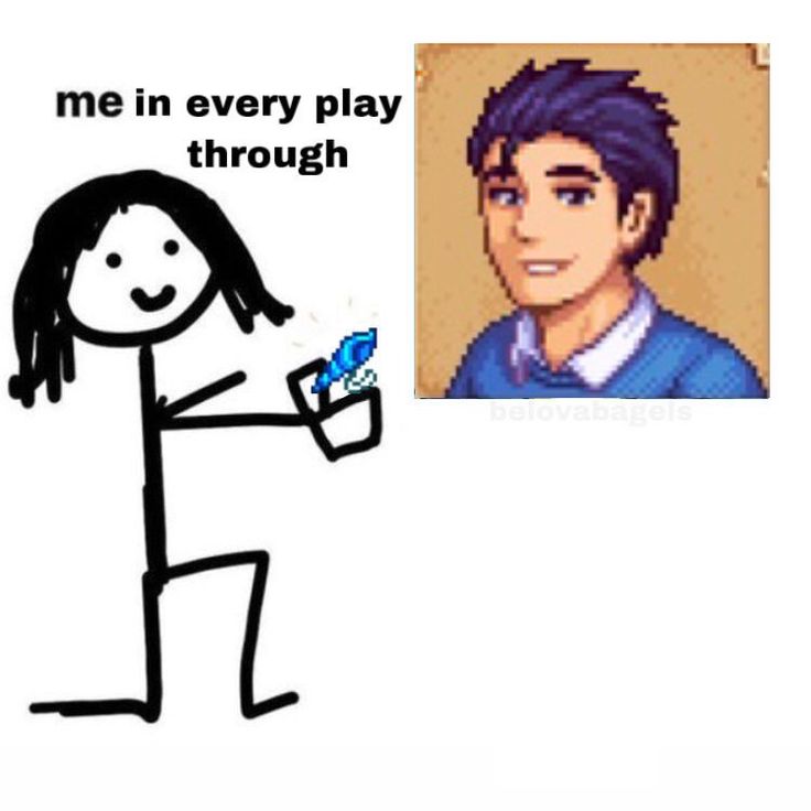 a drawing of a person holding a blue object in their hand with the caption me in every play through