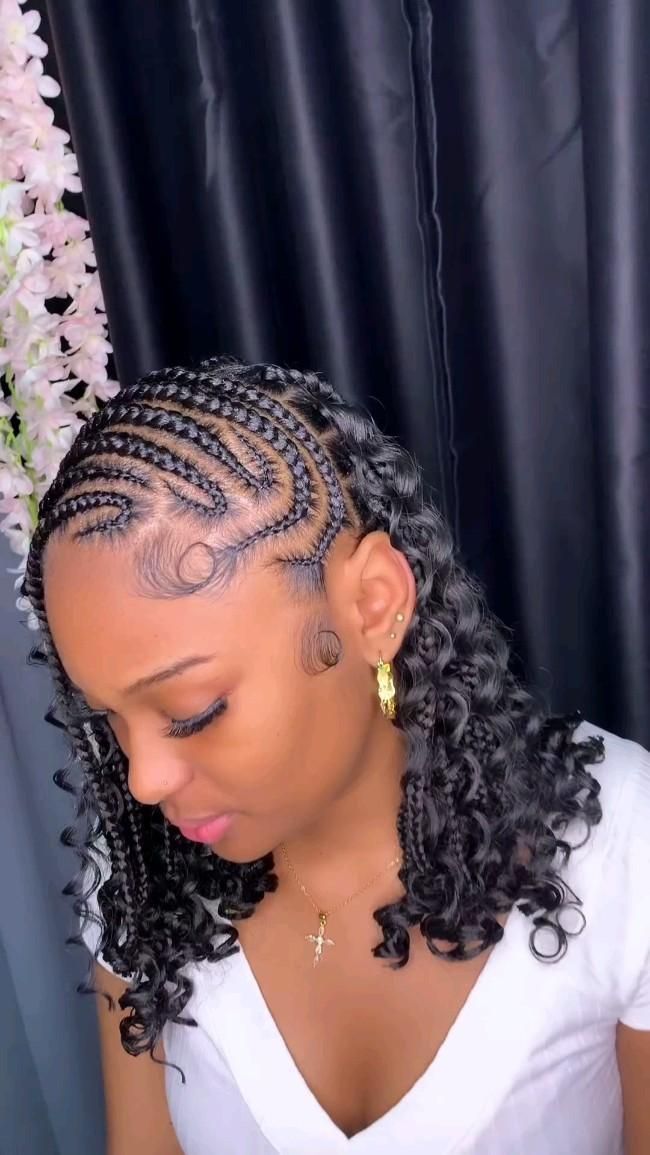 Cornrow Braids Ideas For Black Women, Short Side Braid Hairstyles, Creative Braided Hairstyles For Black Women, Cornrows Braids Side Part, Quick Cute Braids For Black Women, One Sided Braided Hairstyles, Half Up Half Down Braiding Hairstyles, Hairstyles For Bob Braids, Braids For The Summer Black Women