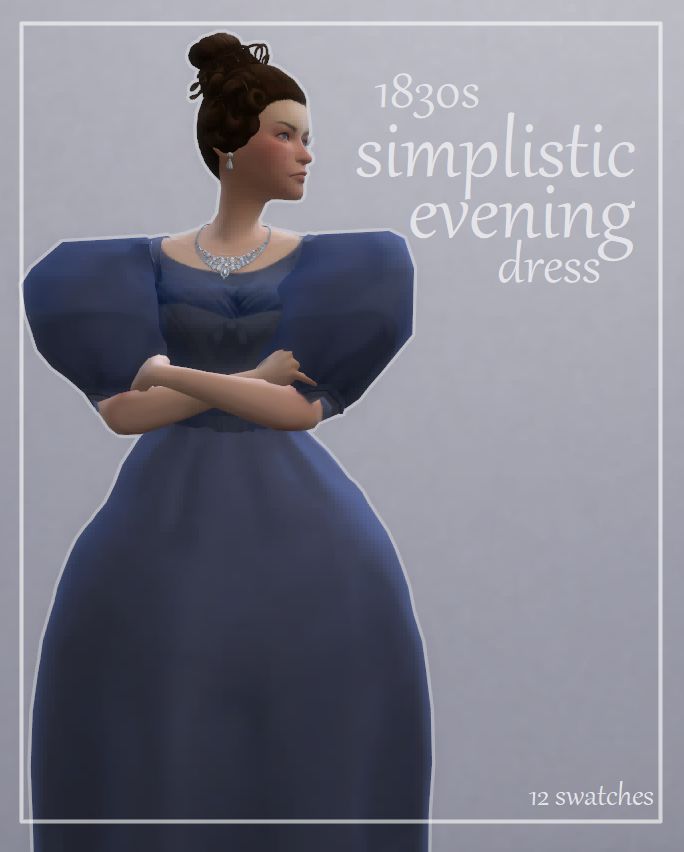 an animated woman in a blue dress with her arms crossed and the words, 1930s simplistic evening dress