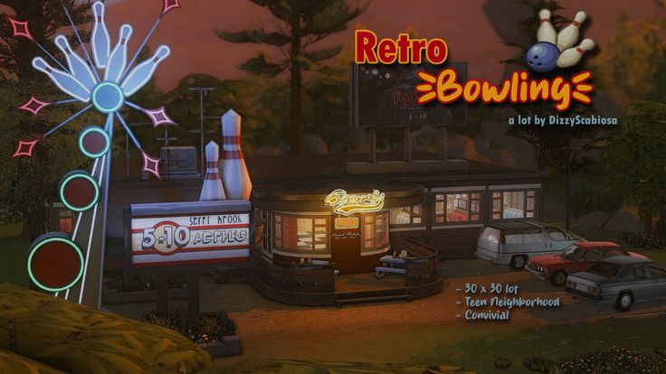 an image of a retro bowling game with cars parked in front of the building at night