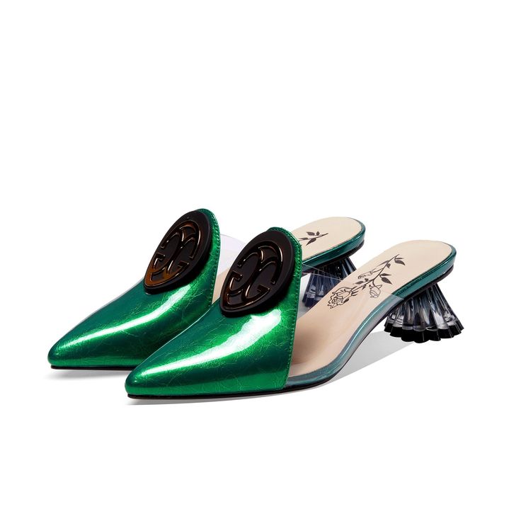 These print leather mules with rhinestones are unique. stylish and comfy. Upper: Genuine Leather Lining: Microfiber Outsole: TPR Toe Shape: Pointy Toe Closure: Slip on Heel: 6cm/2.5'' is_handmade: Yes Spring Patent Leather Closed Toe Mules, Elegant Green Slip-on Mules, Summer Patent Leather Slip-on Mules, Slip-on Patent Leather Sandals For Party, Spring Patent Leather Slip-on Mules, Spring Patent Leather Slip-on Heels, Summer Patent Leather Pointed Toe Mules, Green Slip-on Mules, Green Pointed Toe Mules For Party