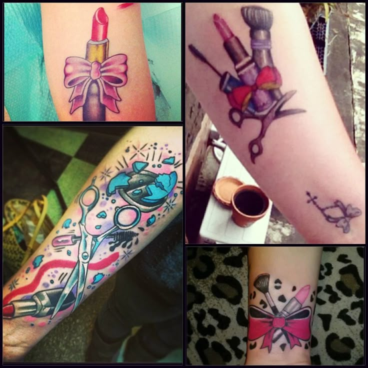 several different tattoos on the arms of people with scissors and other things in them,