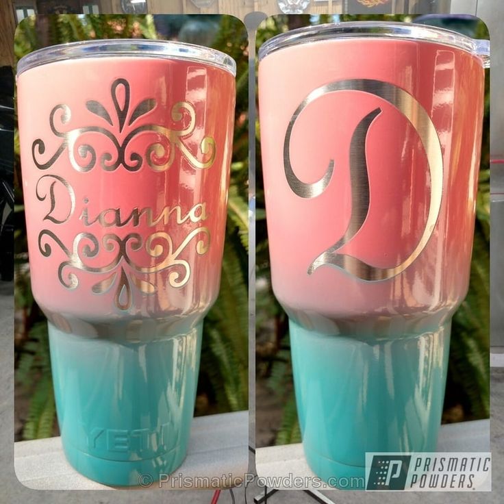 two pictures of the same cup with different designs on it, one is pink and blue