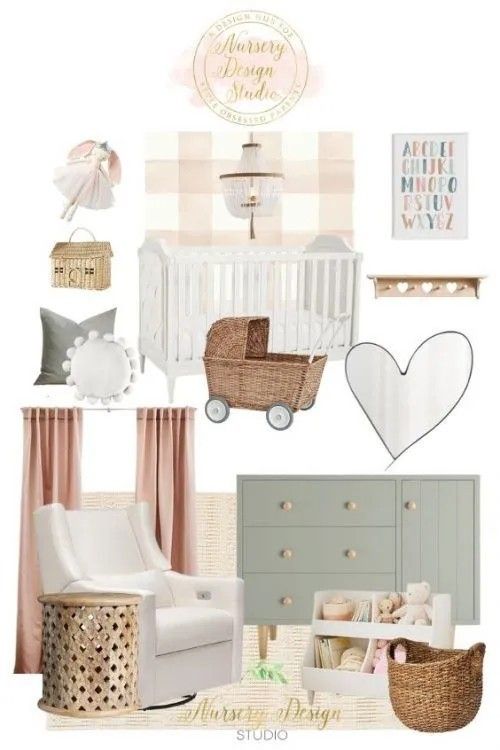 a baby's nursery with pink and white accents, including a crib, dresser,