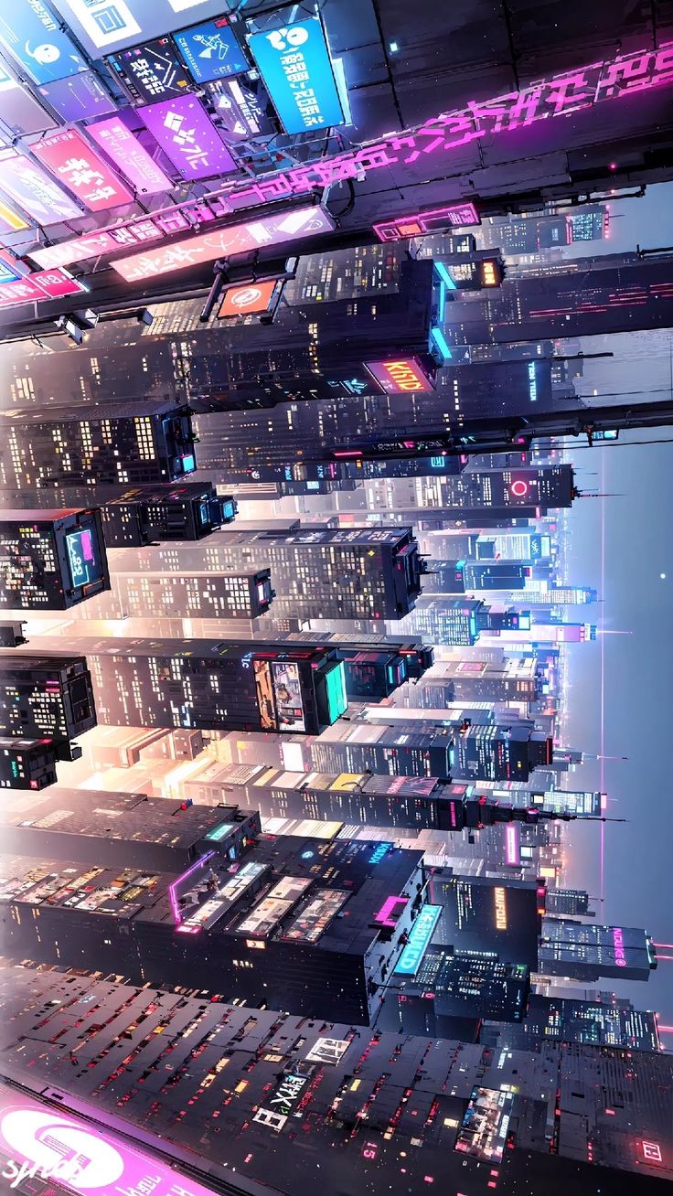 futuristic cityscape with neon lights in the middle and lots of buildings on each side