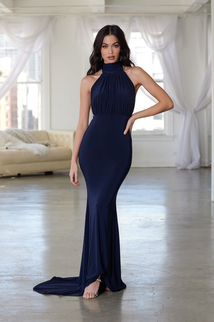 Halterneck Dress Hairstyles, Halter Neck Dress Hairstyles, Backless Dress Hairstyles, Prom Pose, Navy Halter Dress, Summer Ball, Photo Posing, Navy Blue Prom Dresses, Fishtail Maxi Dress