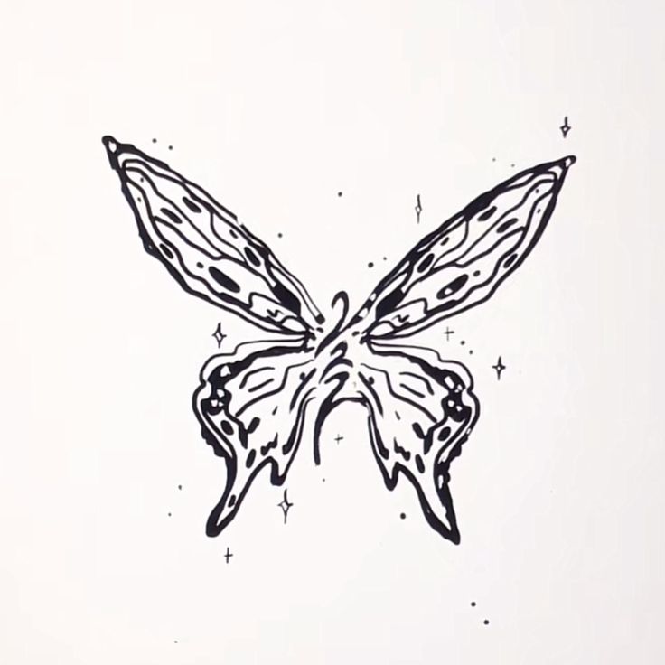 a black and white drawing of a butterfly with stars on it's back wing