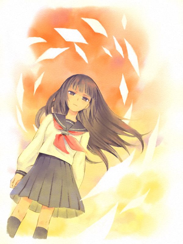 a girl with long hair standing in front of an orange and white background wearing a skirt