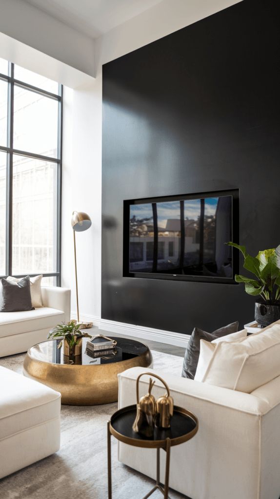 a living room with black walls and white furniture