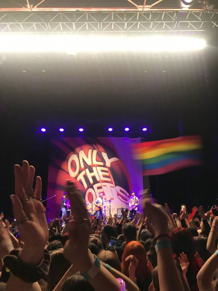 a large group of people at a concert with their hands up in front of the crowd