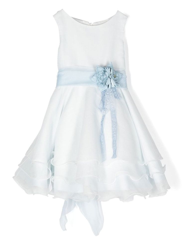 blue/white cotton blend tulle overlay floral appliqué tiered skirt tied waist boat neck concealed rear zip fastening sleeveless mid-length White Tulle Sleeveless Dress For Dress-up, Sleeveless Tulle Dress For Confirmation, White Sleeveless Tulle Dress For Spring, Elegant Blue Dress For First Communion, Elegant Blue First Communion Dress, Elegant Tulle Skirt Dress For Confirmation, Sleeveless Organza Dress For Dress-up, First Communion Tulle Dress With Ruffles, Blue Tiered Tulle Dress