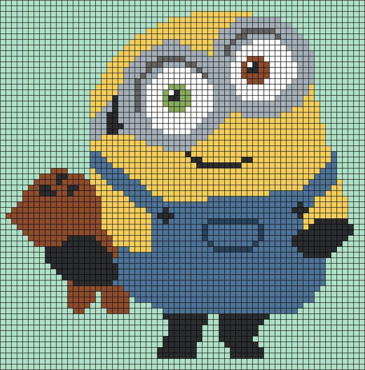 a cross stitch pattern with a minion holding a teddy bear and wearing overalls