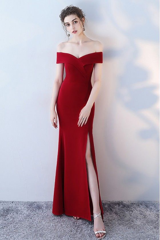 Burgundy Off Shoulder Mermaid Formal Dress with Side Slit - $71.1 #HTX86048 - SheProm.com Formal Dress Off Shoulder, Vestidos Color Vino, Prom Night Dress, Dress Off Shoulder, Homecoming Dresses Tight, Fall Wedding Guest Dress, Chiffon Evening Dresses, Red Prom, Evening Dresses Prom