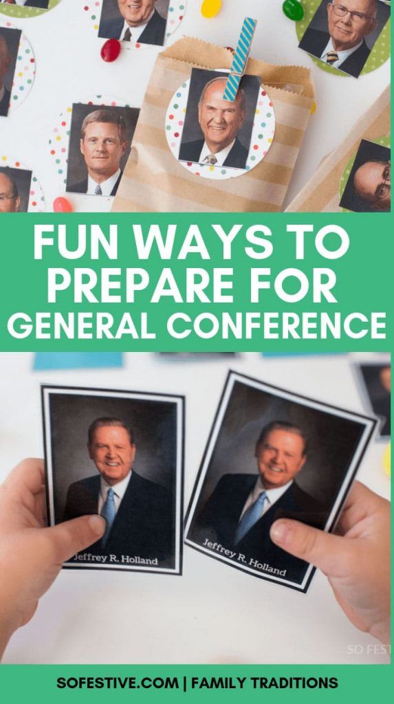 someone holding up two pictures with the words fun ways to prepare for general conference