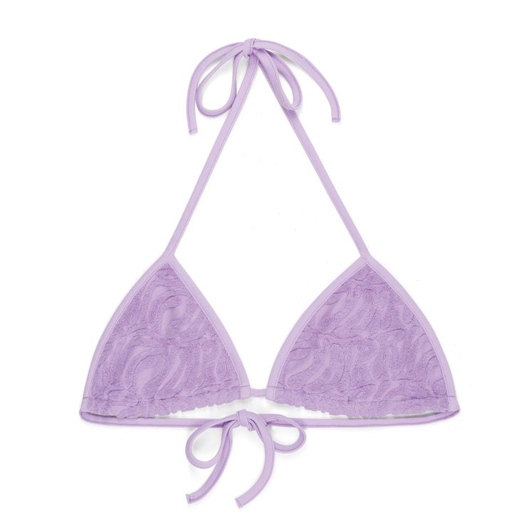 Wilshire Terry Cloth Graphic 80% Cotton 20% Polyester 2pc Bikini Set Purple Halter Neck Swimwear For Spring, Lavender Swimwear For Spring Pool Time, Lavender Triangle Top Swimwear For Summer, Purple Beachwear Halter Top For Vacation, Purple Triangle Halter Top For Beach, Spring Triangle Top Swimwear In Purple, Lavender Triangle Top Swimwear For Poolside, Fitted Lavender Swimwear For Beach, Seamless Party Swimwear For Spring