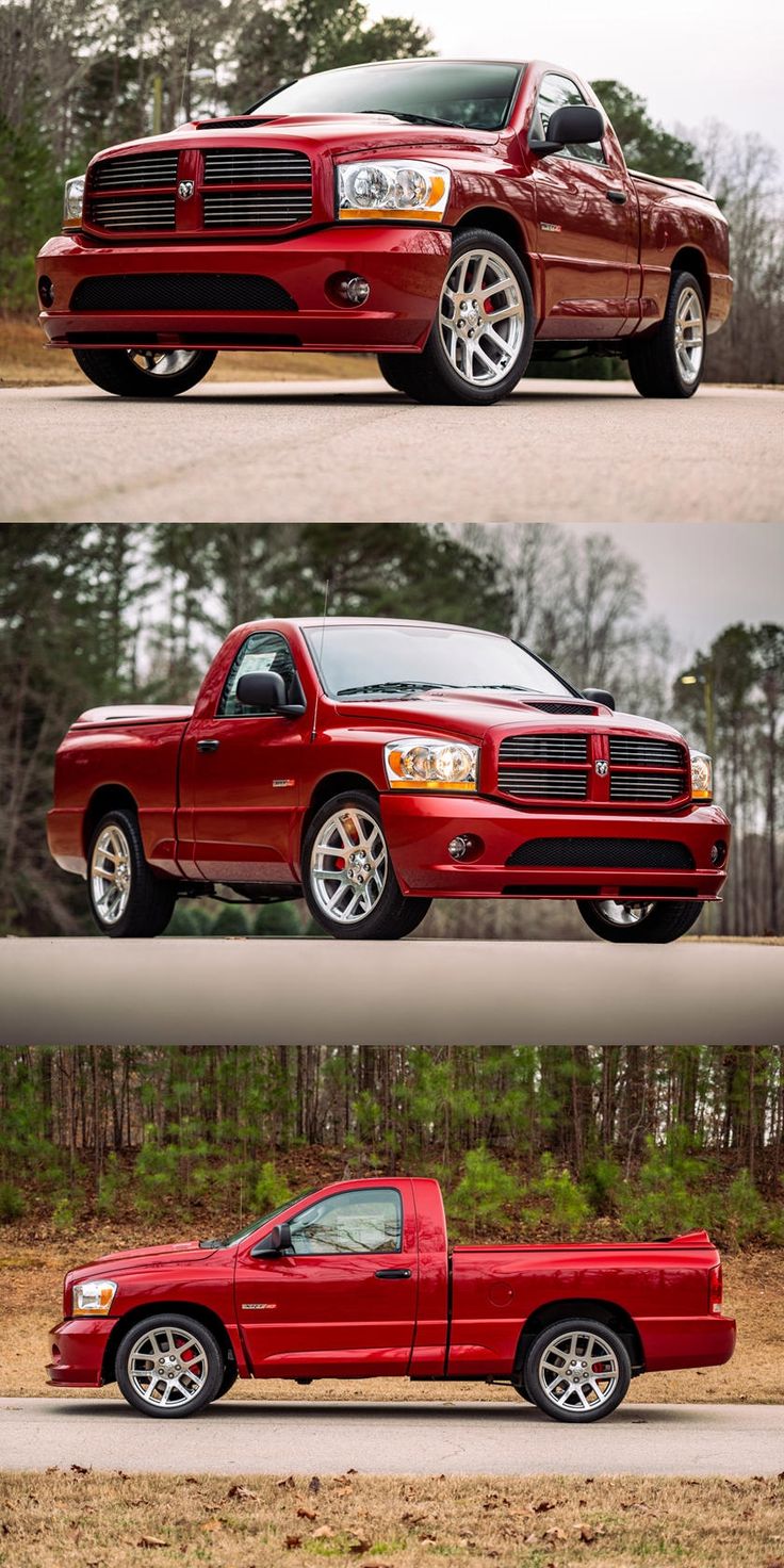 three different pictures of the same red truck