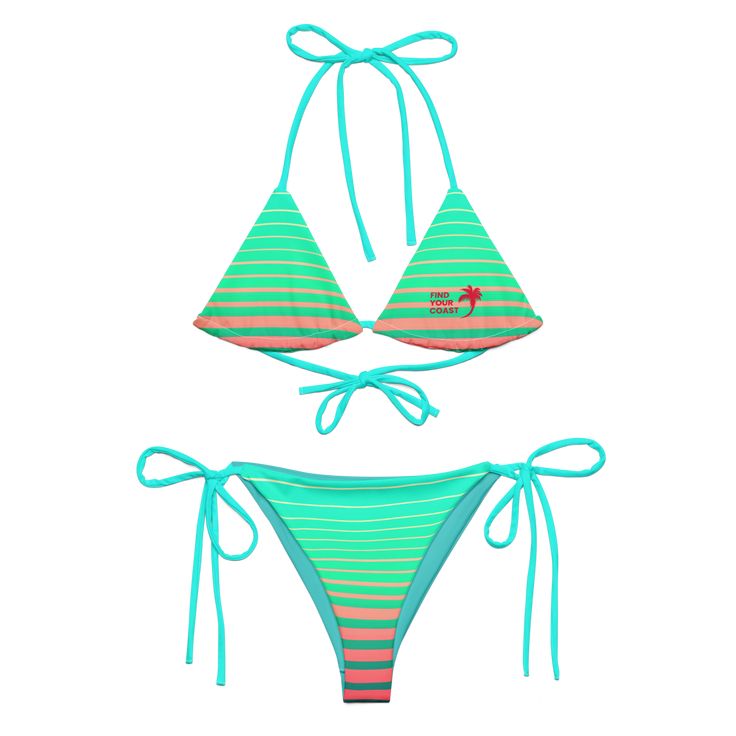 Stay comfortable and beach ready all summer in this FYC String Bikini set. It’s made from soft recycled polyester with double-layering and UPF 50+. Style the straps how you like, and get ready to swim! 🏊‍♀️ 🌟 Features: Soft and stretchy material with UPF 50+ protection. Available in sizes up to 4XL. Bikini top comes with removable padding for comfort. Multiple ways to tie and style the bikini set. 🌊 Disclaimer: To make your All-Over Print Recycled String Bikini last longer, thoroughly rinse i Beachwear Swimwear With Uv Protection And Tie-side Bottom, Uv Protection Triangle Top Swimwear For Beach Party, Adjustable Swimwear For Sunbathing Beachwear, Green Swimwear With Uv Protection For Water Sports, Adjustable Beachwear Swimwear For Vacation, Sporty Swimwear With Uv Protection For Summer, Adjustable Straps Beachwear Swimwear, Green Uv Protection Swimwear For Water Sports, Adjustable Nylon Swimwear For Sunbathing