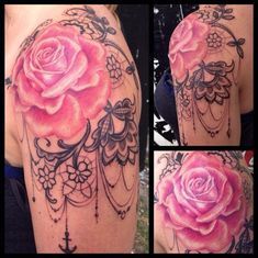 three different views of a woman's shoulder and arm with tattoos on it, including a pink rose