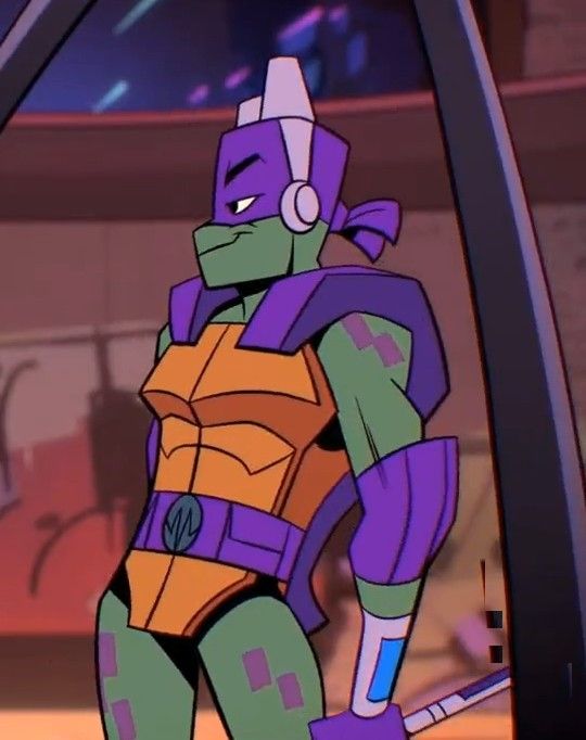 the animated character is dressed up in purple and orange armor, with hearts floating around