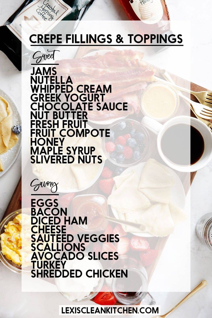 an image of a table full of food with the words crepes fillings and toppings