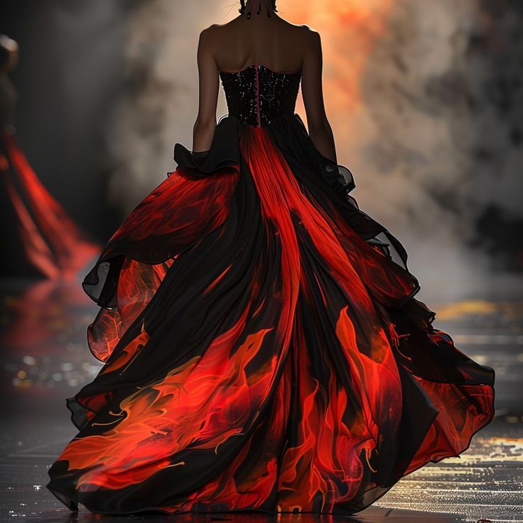 #fashion #concept design #ai #fire #flames inspired Fire Theme Fashion Show, Dress On Fire Aesthetic, Goddess Of Fire Costume, Volcano Inspired Fashion, Fire Fashion Design, Fire Inspired Dress, Fire Inspired Outfits, Witches Clothes, Fantasy Ballgown