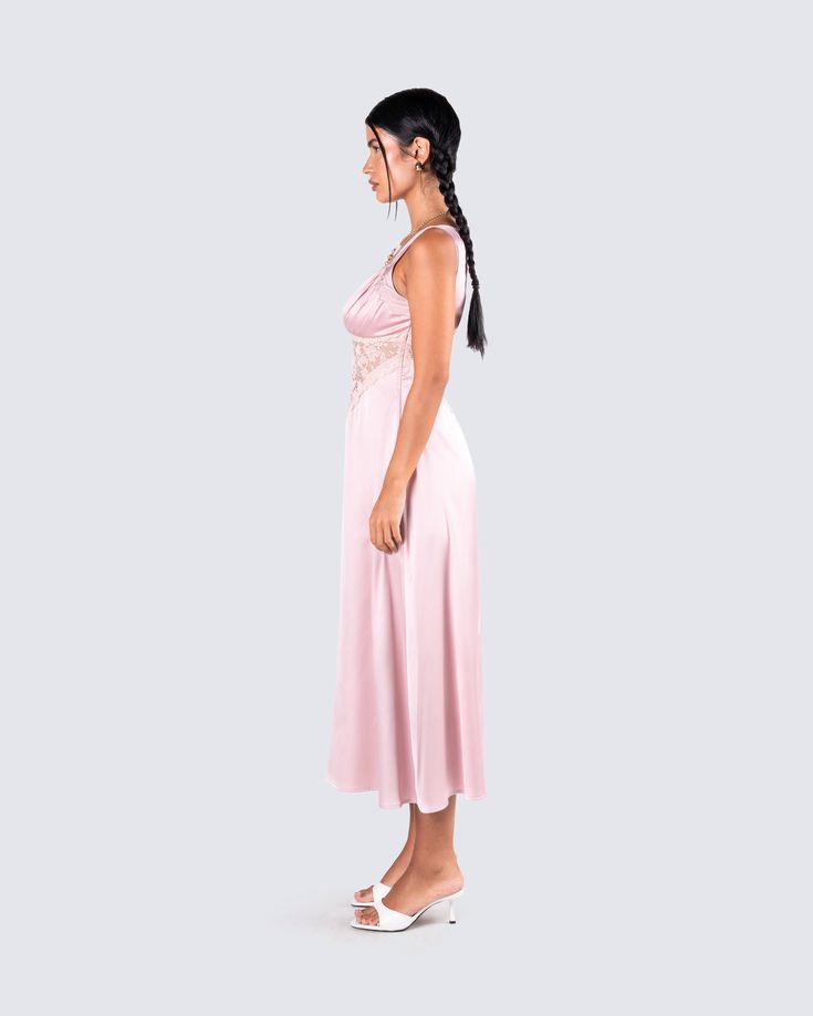 Pure perfection 💓 Your presence will be the only thing they crave in this pink dress. Constructed from poly satin fabric complete with a lace insert, sleeveless style, and midi length - this dress is perfect for all our sassy, yet classy babes 💅 Lace Midi, Lace Insert, Lace Midi Dress, Cargo Pant, Pink Satin, Hottest Trends, Satin Fabric, Midi Length, Pink Dress