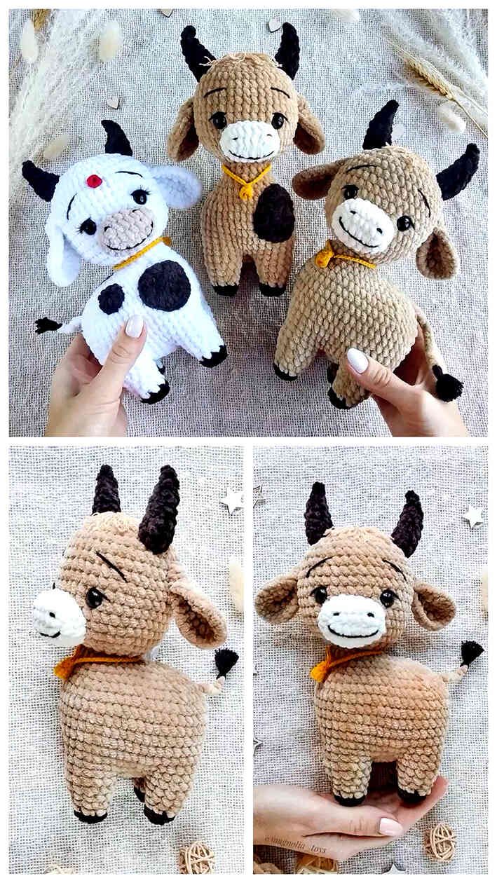 three pictures of stuffed animals made to look like cows