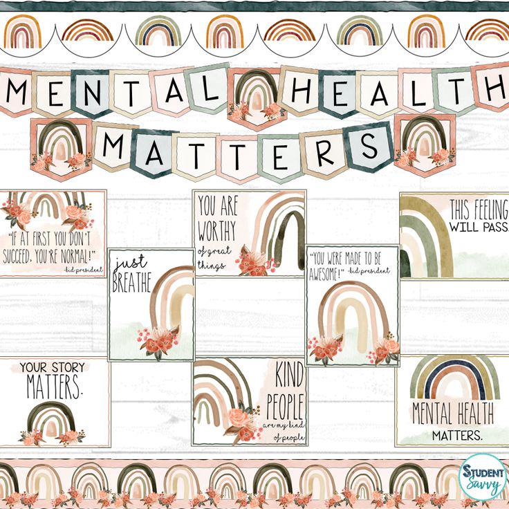 the mental health matters printable kit is shown with rainbows, flowers and hearts