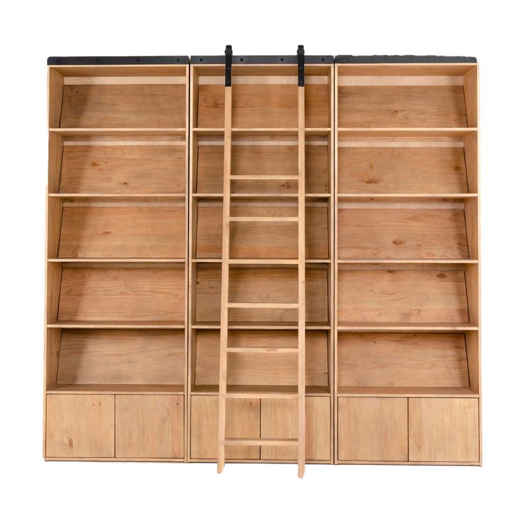 an open bookcase with drawers and shelves on each side, against a white background