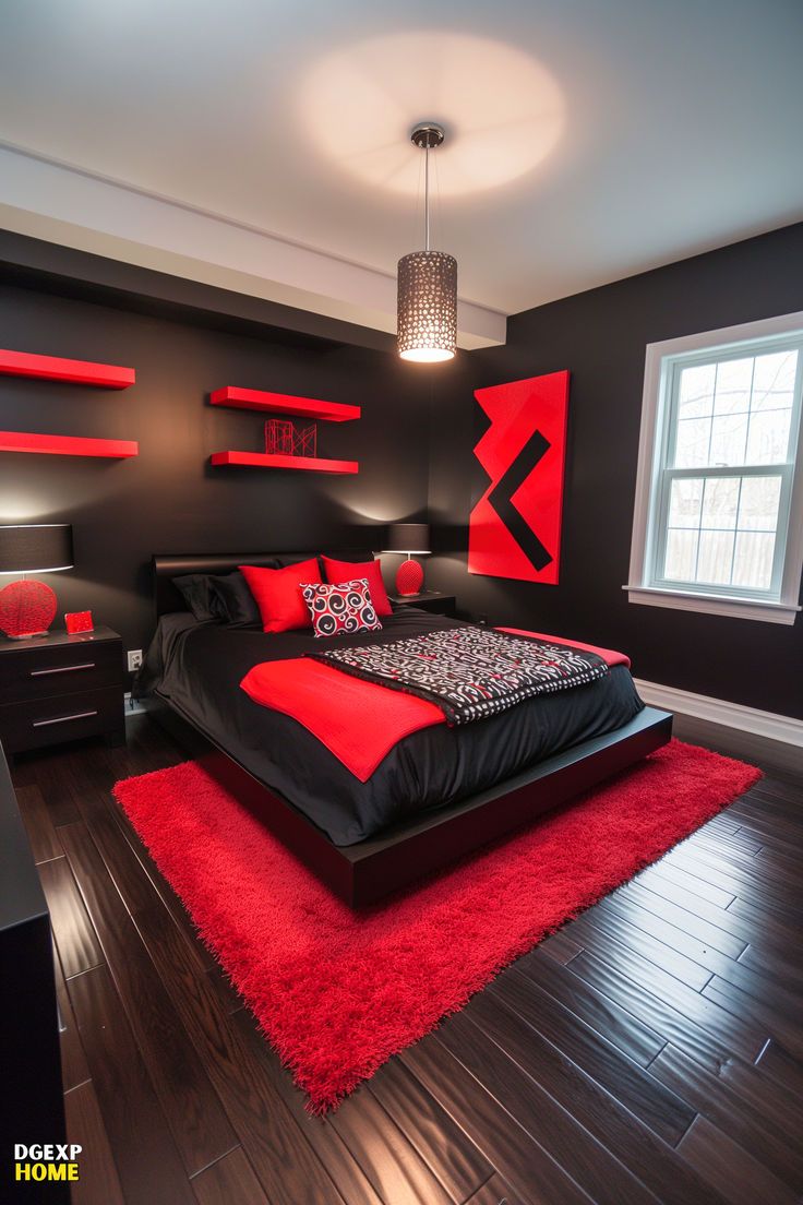 Red and black modern bedroom with bold red floating shelves and modern design Red And Black Bedroom, Modern Bedroom Ideas For Couples, Black Modern Bedroom, Red Living Room Decor, Bedroom Ideas Luxury, Red Bedroom Decor, Modern Bedroom Ideas, Black Living Room Decor, Apartment Living Room Design