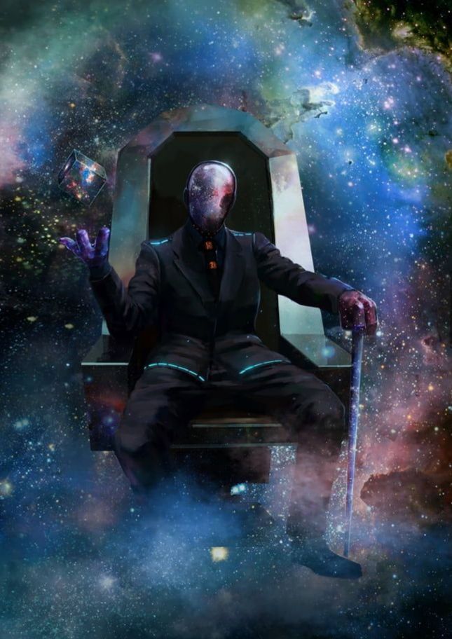 a man sitting on top of a chair in front of a space filled with stars