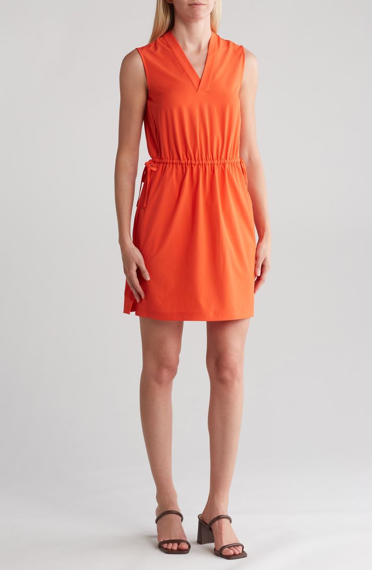 A drawcord waist gives shape and definition to a stem-baring dress featuring side pockets for hands-free outings. Hidden back-zip closure V-neck Sleeveless Internal drawcord waist 88% polyester, 12% spandex Dry clean Imported Daytime Dresses, V Neck Dress, Hands Free, Sundress, Nordstrom Rack, Calvin Klein, Size 12, Dress Outfits, Dry Clean