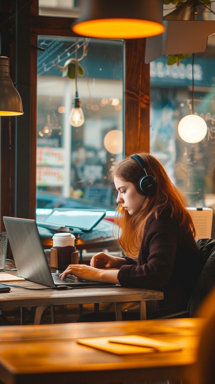 a woman sitting at a table with a laptop and headphones in front of her