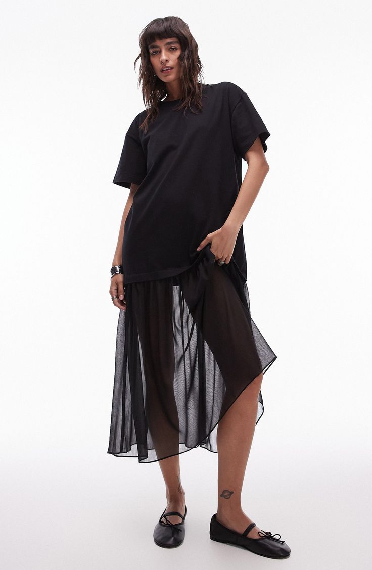 A sheer skirt lends plenty of elegance to this T-shirt dress that strides the line between casual and chic. Slips on over head Crewneck Short sleeves 93% cotton, 7% elastane with 100% polyester contrast Machine wash, line dry Imported Sheer Skirt, Beach Maxi Dress, Plain Design, Black Shirt Dress, Maxi Dress Trend, Hoodies For Sale, Plus Size Pregnancy, Workwear Dress, Skirts For Sale