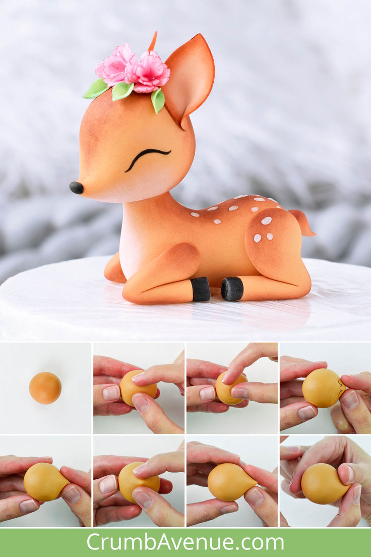 a close up of a toy deer laying on top of a table next to other pictures